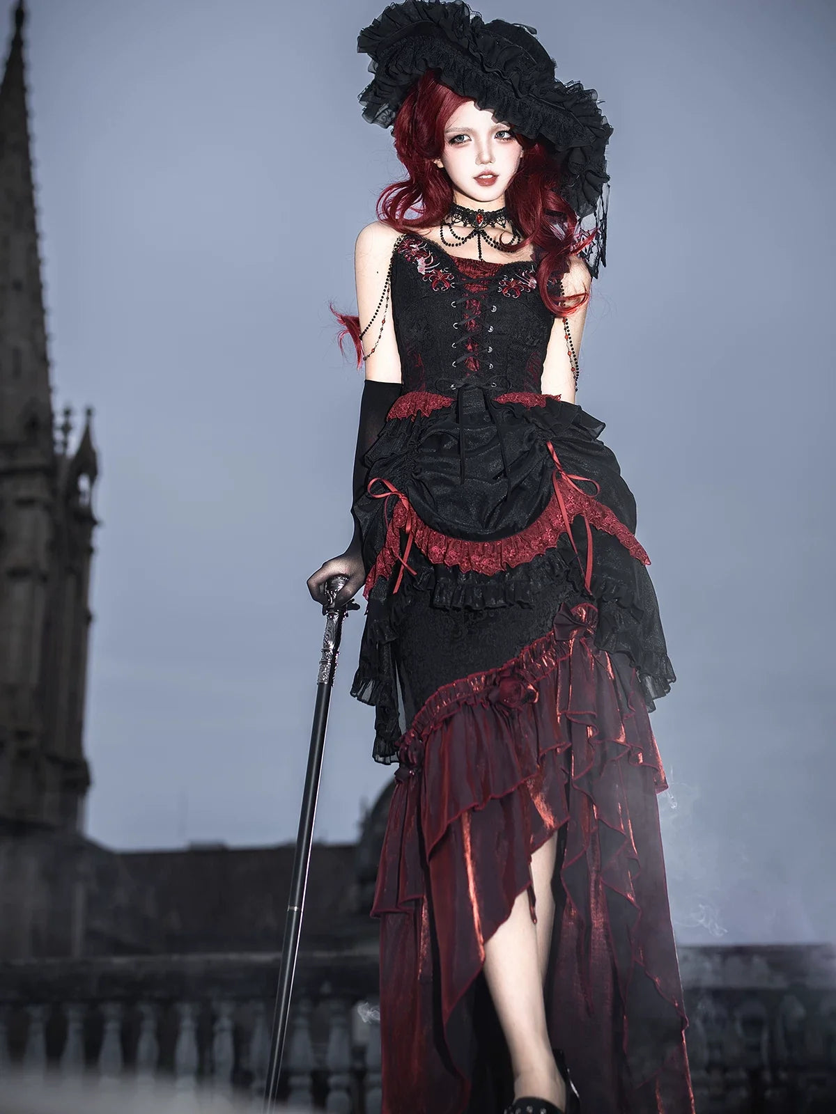Your Princess - Bone Rot Bloom - Gothic Lolita Embroidered Camisole & Drawstring Lift-up Hem Skirt