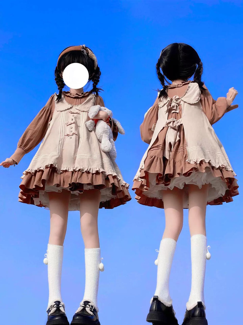 Creamy coffee-brown Lolita dress set with pale bib panel, ruffled collar and tiered skirt.