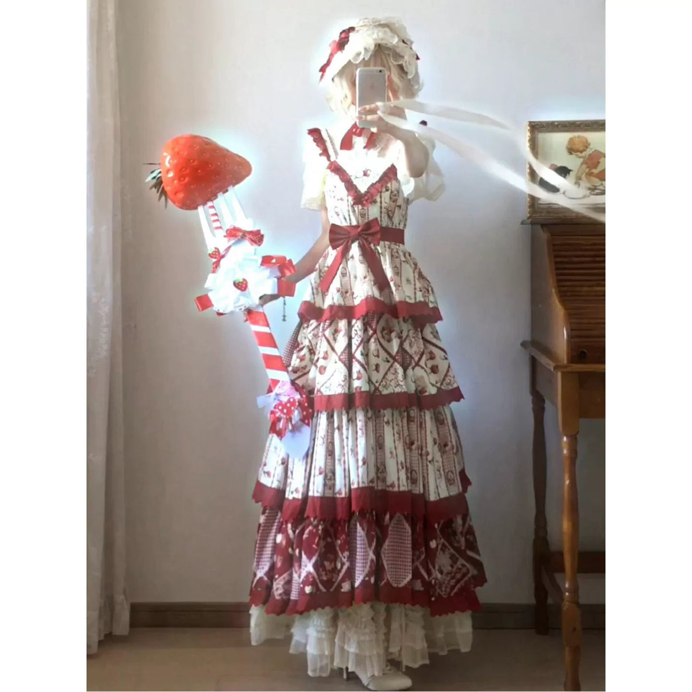Creamy - Red Garden Print - Long JSK dress with red ruffle trim