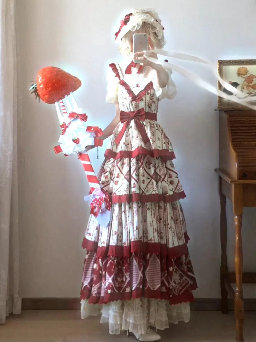 Creamy red-and-cream garden-print long JSK dress with red ruffle trim