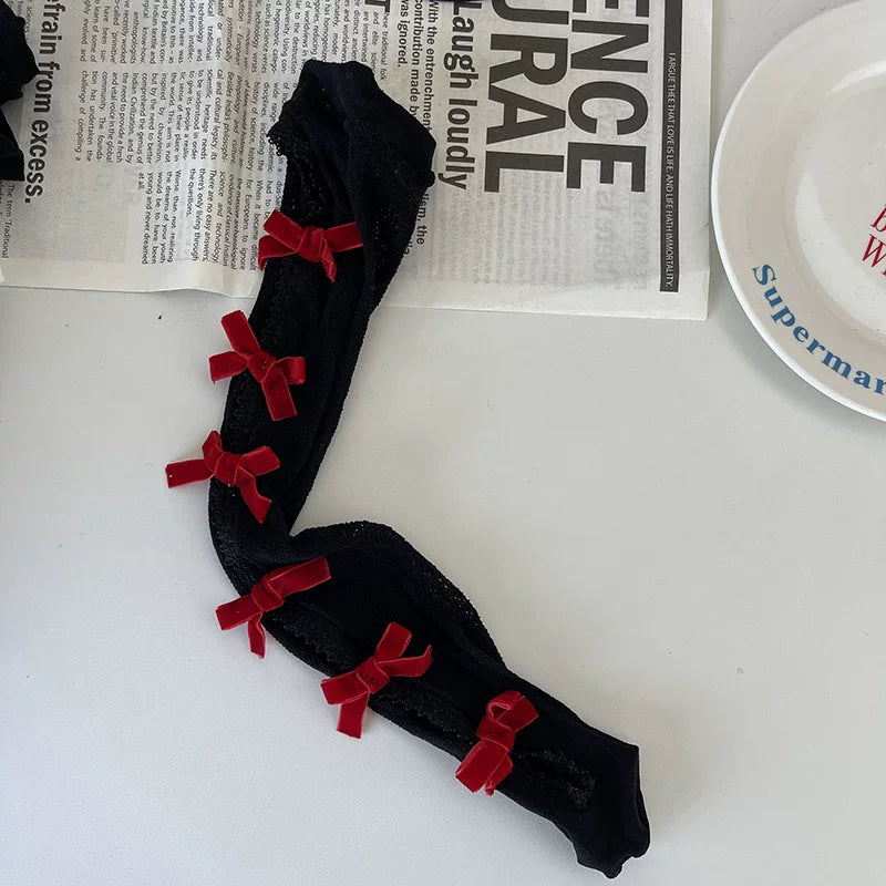 Sock Noble - Gothic Bow Lace - Mid-Calf Slouch Socks with Openwork Lace