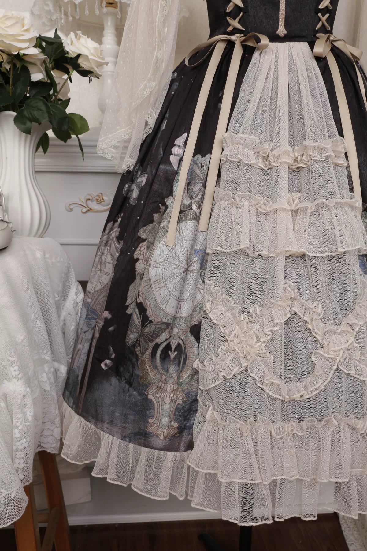 Your Princess - Clock Butterfly - Gothic Lolita Printed Blouse and Corset Skirt Set