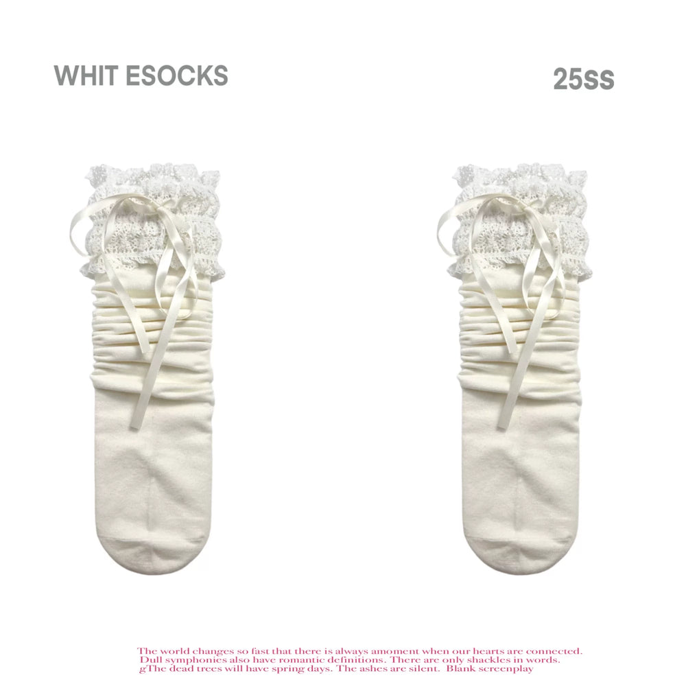 White Socks white lace-trim slouch socks with ribbon ties.