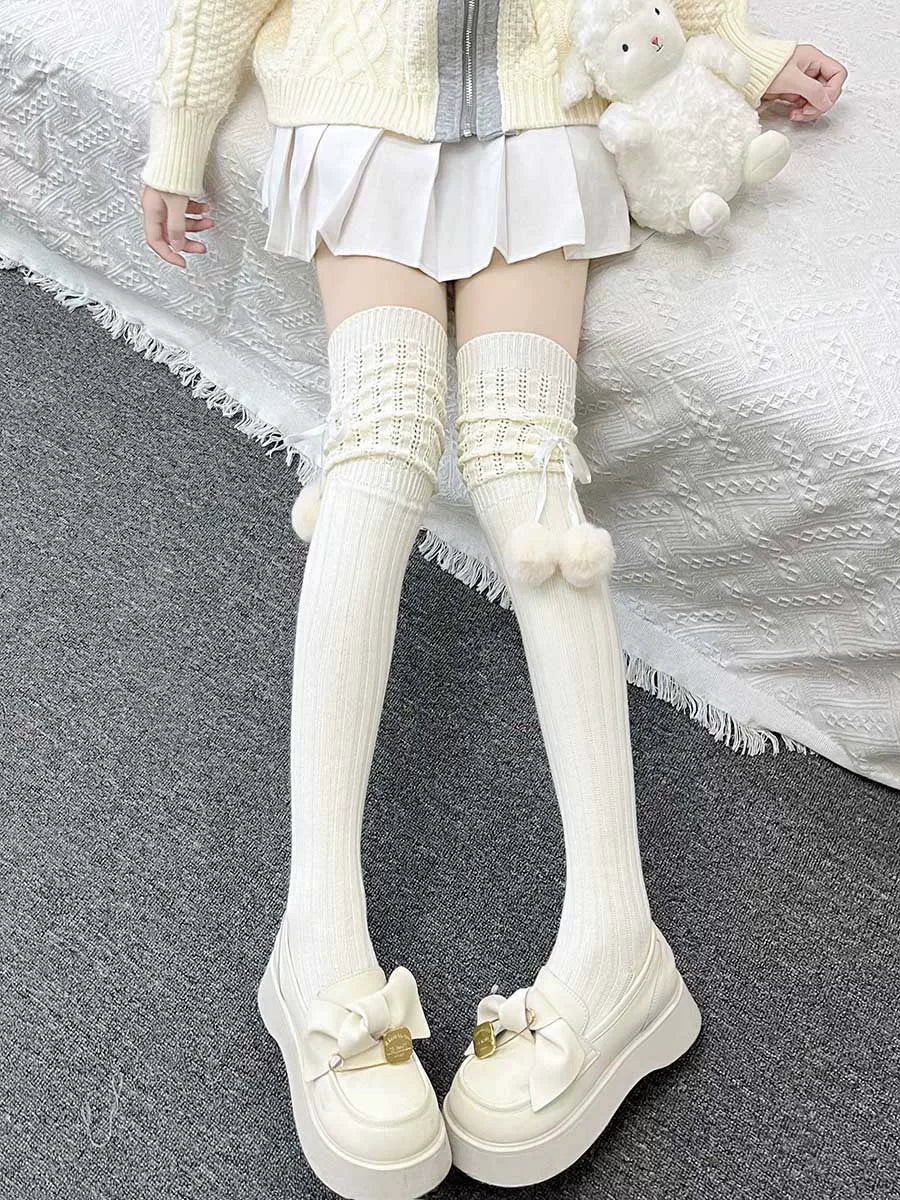 Floral Milk Cat - Pom-Pom Rib - Ribbed Thigh-High Socks with Side Pom-Poms