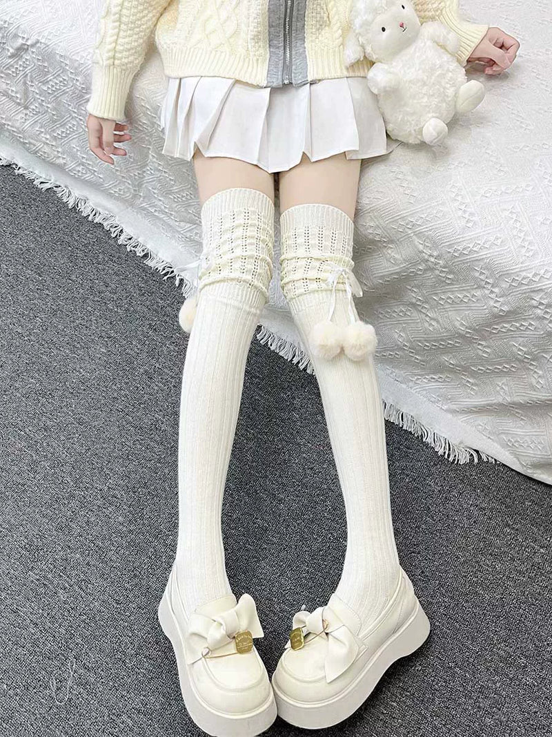 Floral Milk Cat - Pom-Pom Rib - Ribbed Thigh-High Socks with Side Pom-Poms