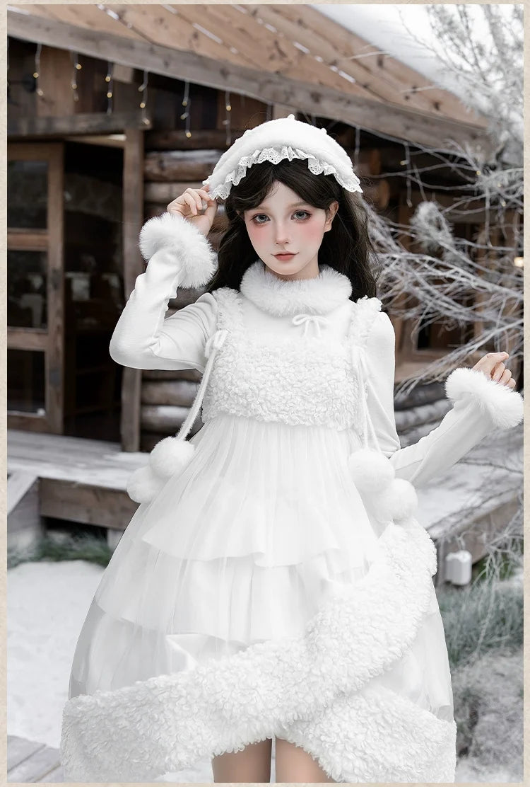With PUJI - White Choco - Winter Kawaii Lolita JSK Dress Set, Fluffy Accents