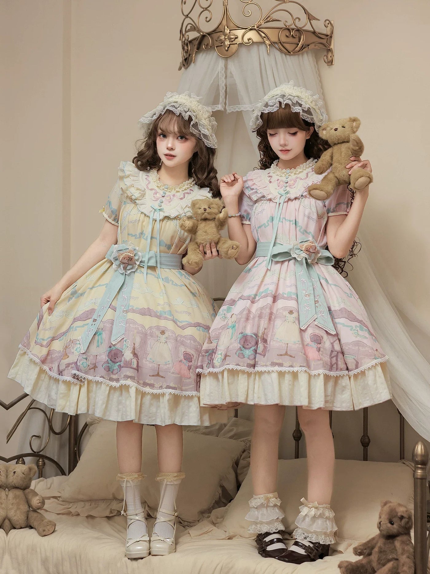 With PUJI - Brown Dollhouse SP - Kawaii Lolita Dollhouse Printed OP Dress with Embroidery