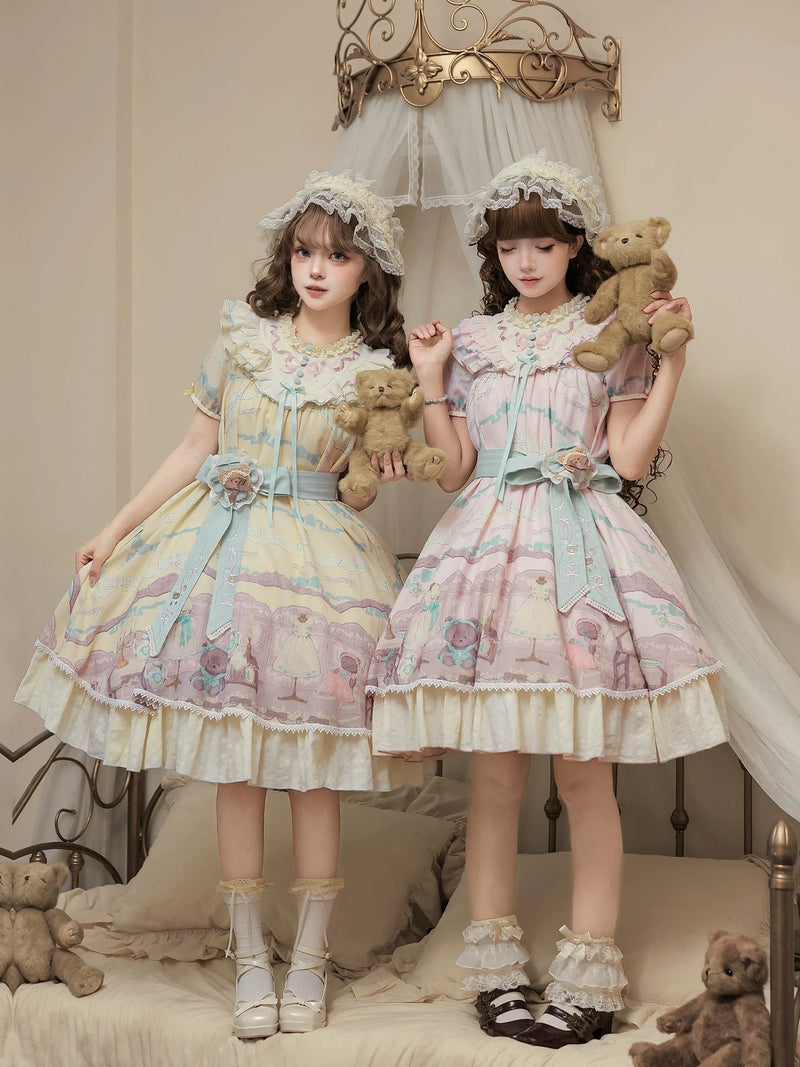 With PUJI - Brown Dollhouse SP - Kawaii Lolita Dollhouse Printed OP Dress with Embroidery