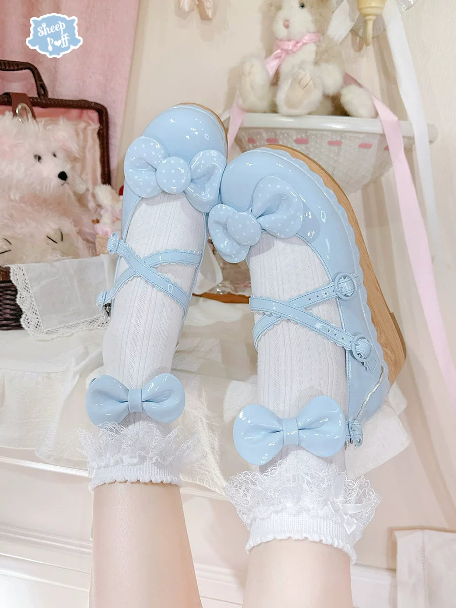 Sheep Puff vintage polka dot platform Lolita shoes with sheep puff embellishments and lace-up design, stylish and cute footwear.