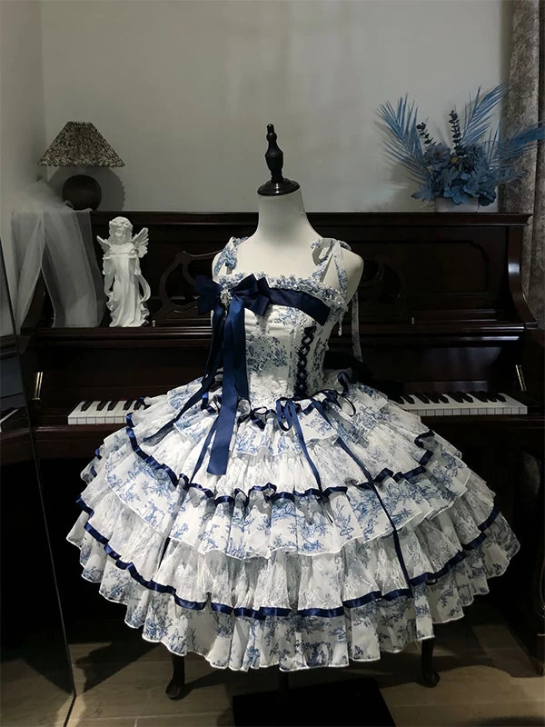 Creamy - Blue Puppy Print - Blue-and-White One-Piece Dress with Puppy Print