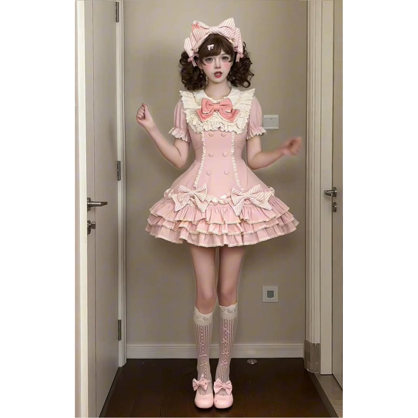 Creamy - Pink Layered Cake - Pink Striped Sweet Lolita Dress with Bow Headpiece