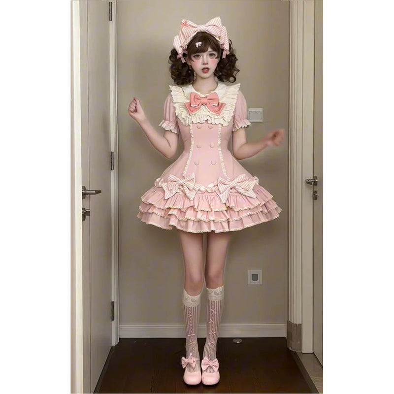 Creamy - Pink Layered Cake - Pink Striped Sweet Lolita Dress with Bow Headpiece