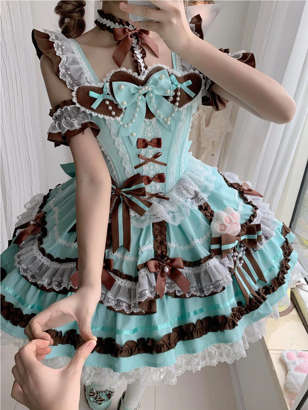 Creamy - Mint Chocolate Ribbon - Mint JSK dress set with chocolate-brown bows