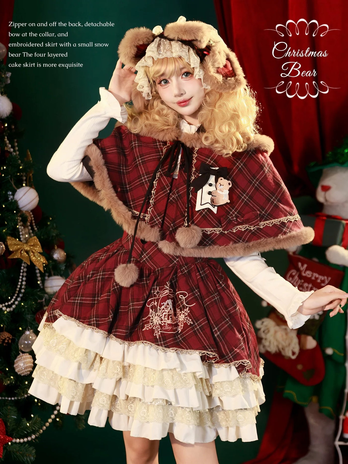 OCELOT - Kurikuma Cocoa - Christmas Plaid Lolita JSK Dress with Hooded Cape - product detail 2