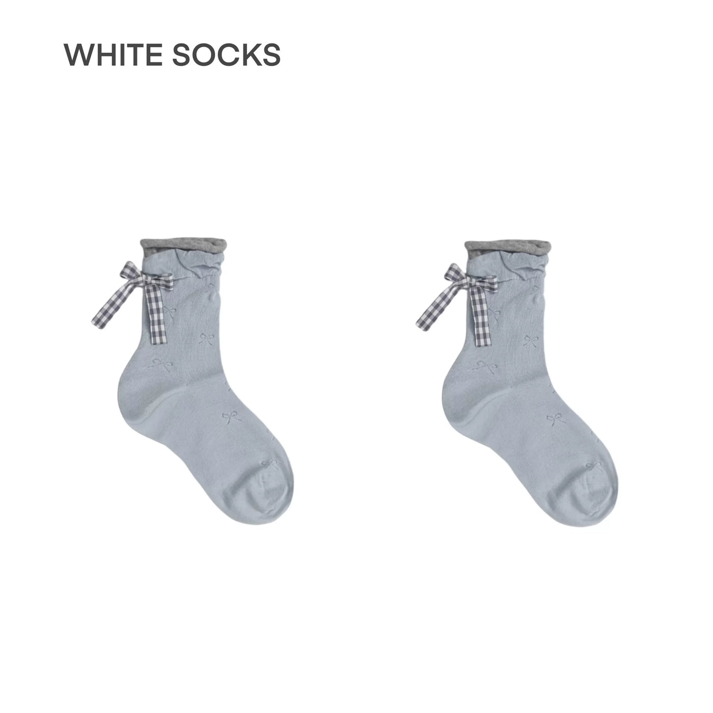 Pair of Sea Salt Blue mid-calf socks with rolled slouch cuffs, checked ribbon bows, and small bow motifs on a white background.