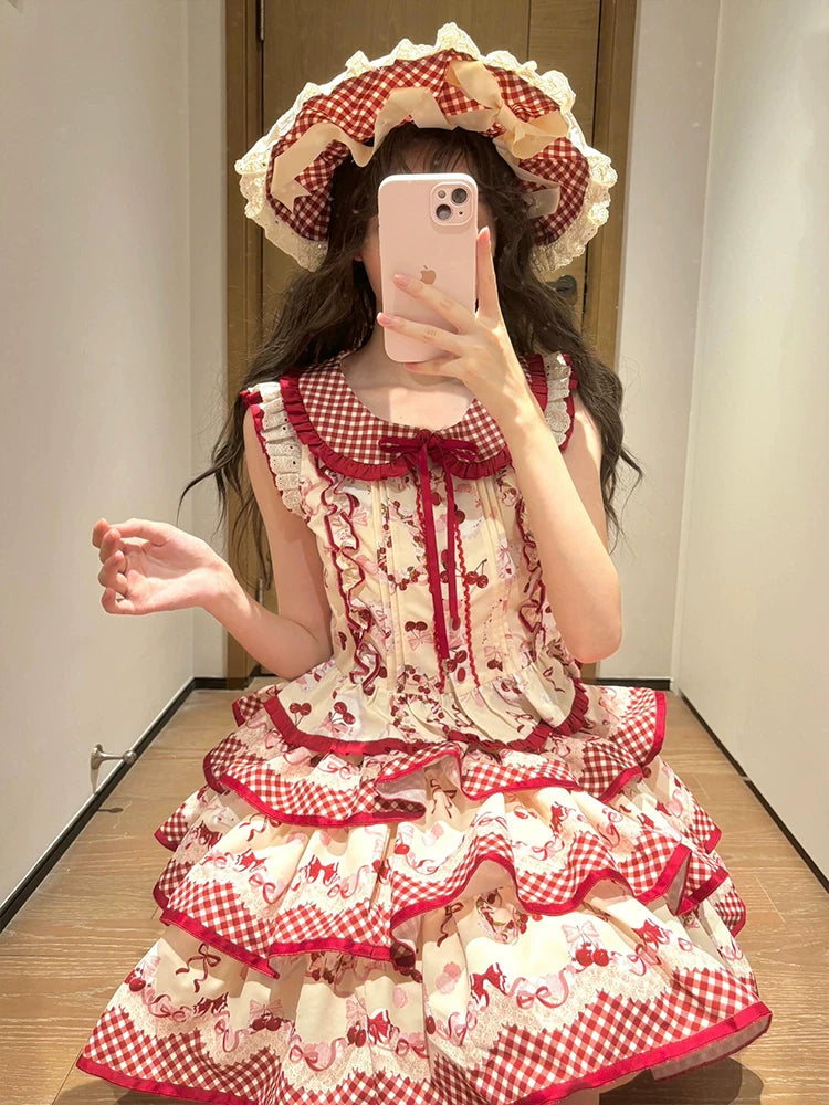 Dream Bunny - The Cherries Are Ripe - Cherry-Print Lolita Fashion Set with Gingham Ruffles