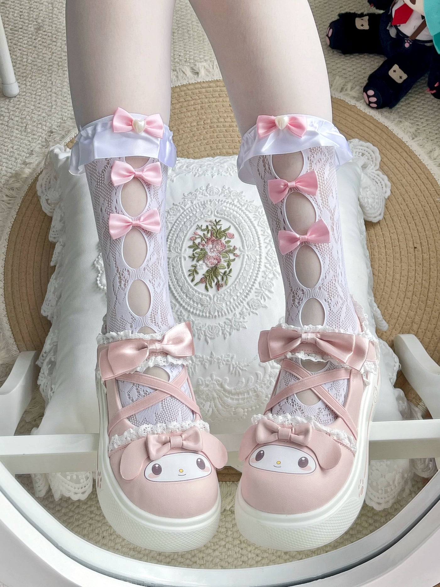 Fantasy Doll - Ribbon Lace - Mid-Calf Socks with Satin Bows and Oval Cutouts
