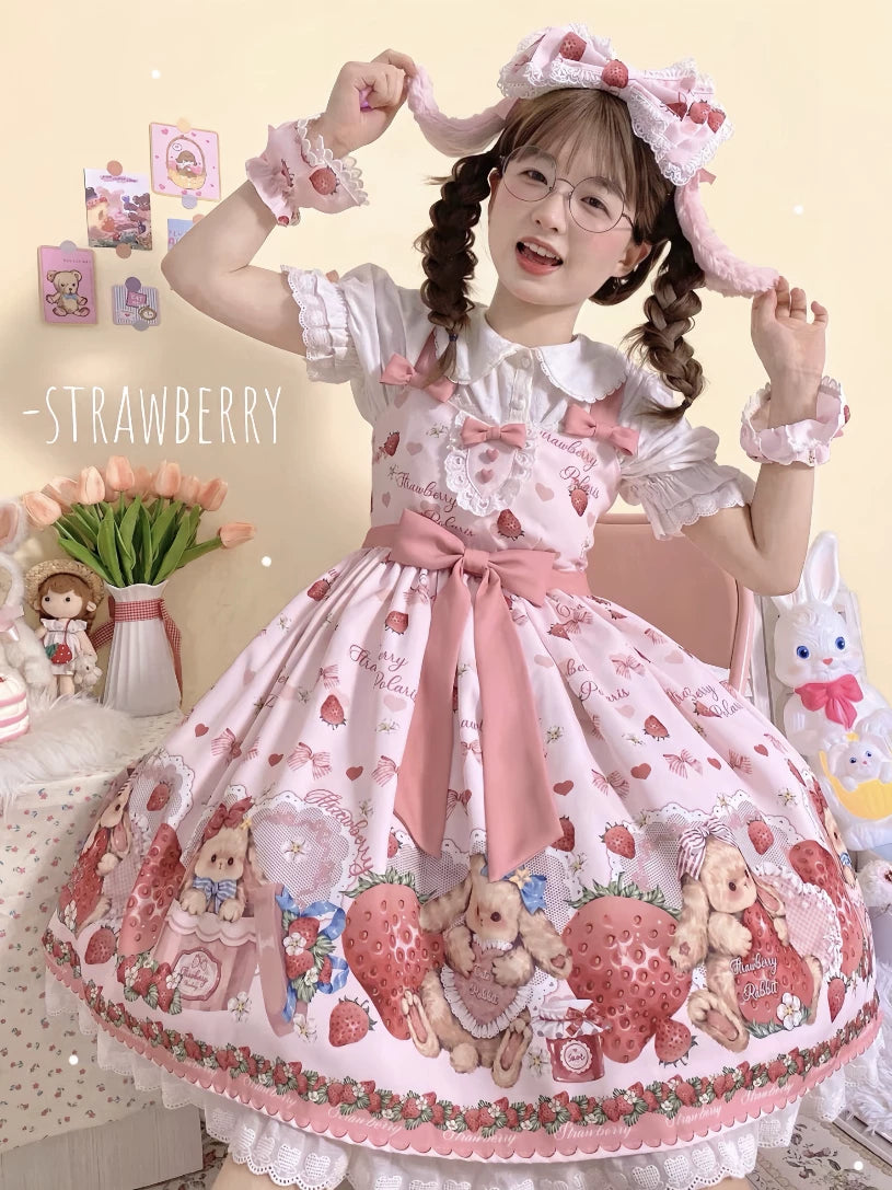 Sweetheart Dream Machine - Rabbit Strawberry Gift Box - Pink JSK Dress with a Rabbit-and-Strawberry Print