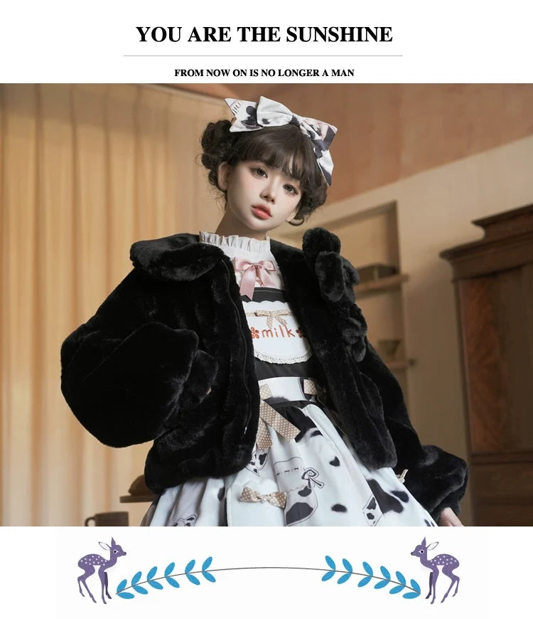 Eieyomi - Daily Lolita - Short Winter Coat with Doll Collar and Plush Chest Bow - product detail 8