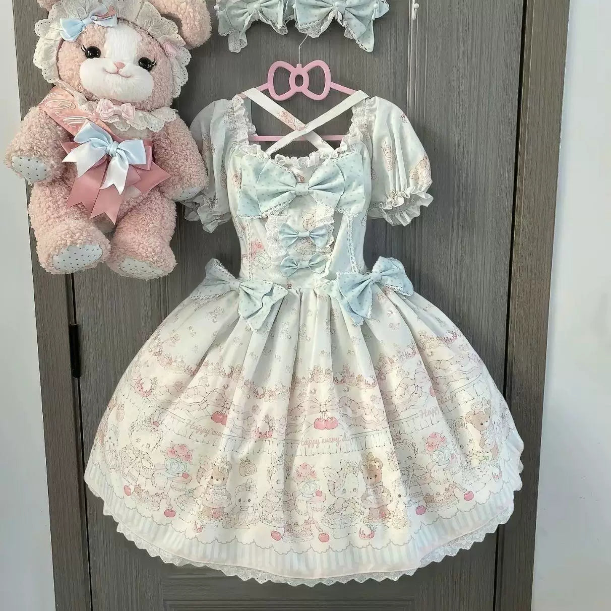 Sweetheart Dream Machine - Little Cream Puff - Pastel One-Piece Dress with Teddy-Bear Print