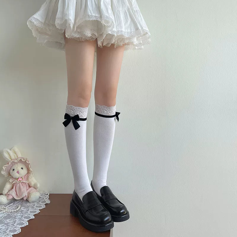 Sock Noble - Lace Bow - Cotton Mid-Calf Slouch Socks with Lace Cuffs