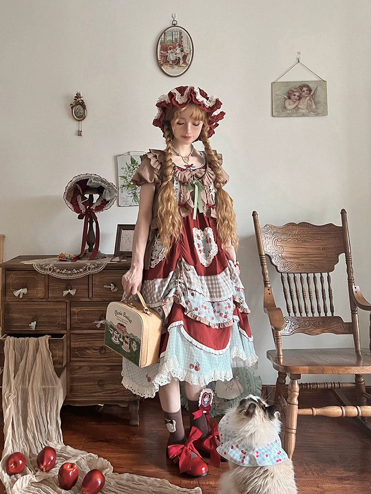 Baozi Pig - Cherry Pastoral - Red OP Dress with Cherry Print