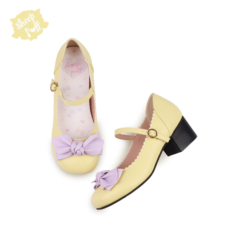 Sheep Puff Lolita shoes featuring rounded bow design, soft pastel colors, and cute, plush sheep puff accents.