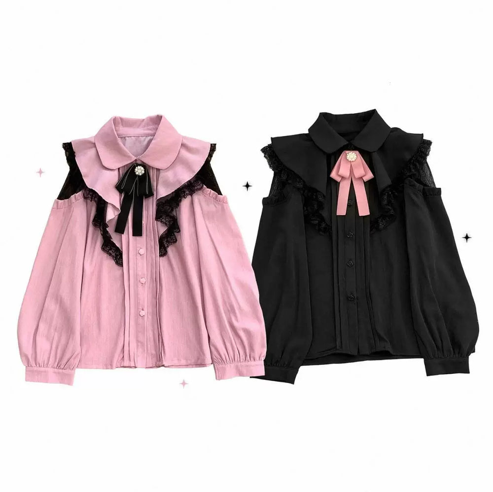 Sweetheart Dream Machine pink and black blouses with lace shoulder cutouts
