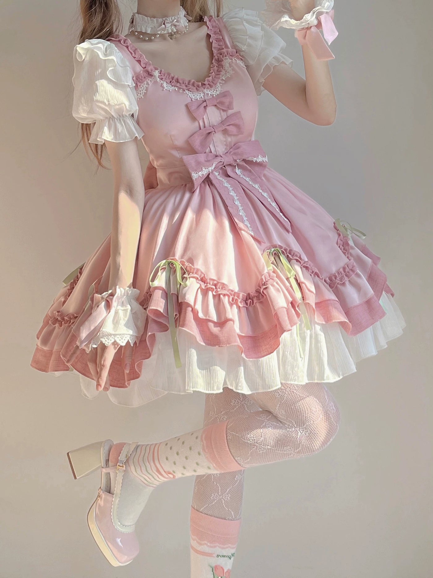 Creamy - Pink Princess - Pink OP dress with white puff sleeves and layered bows