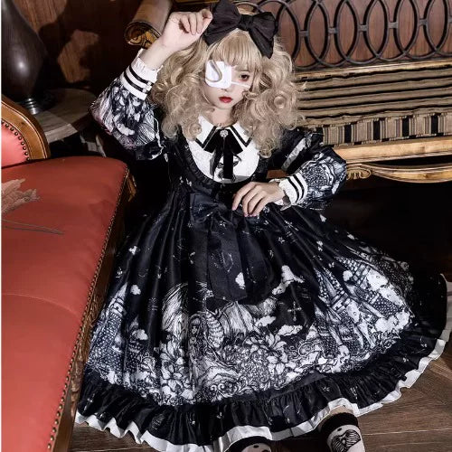 Lady Han Castle Night Gothic Lolita OP dress featuring dark, elegant fabric and intricate gothic design details.