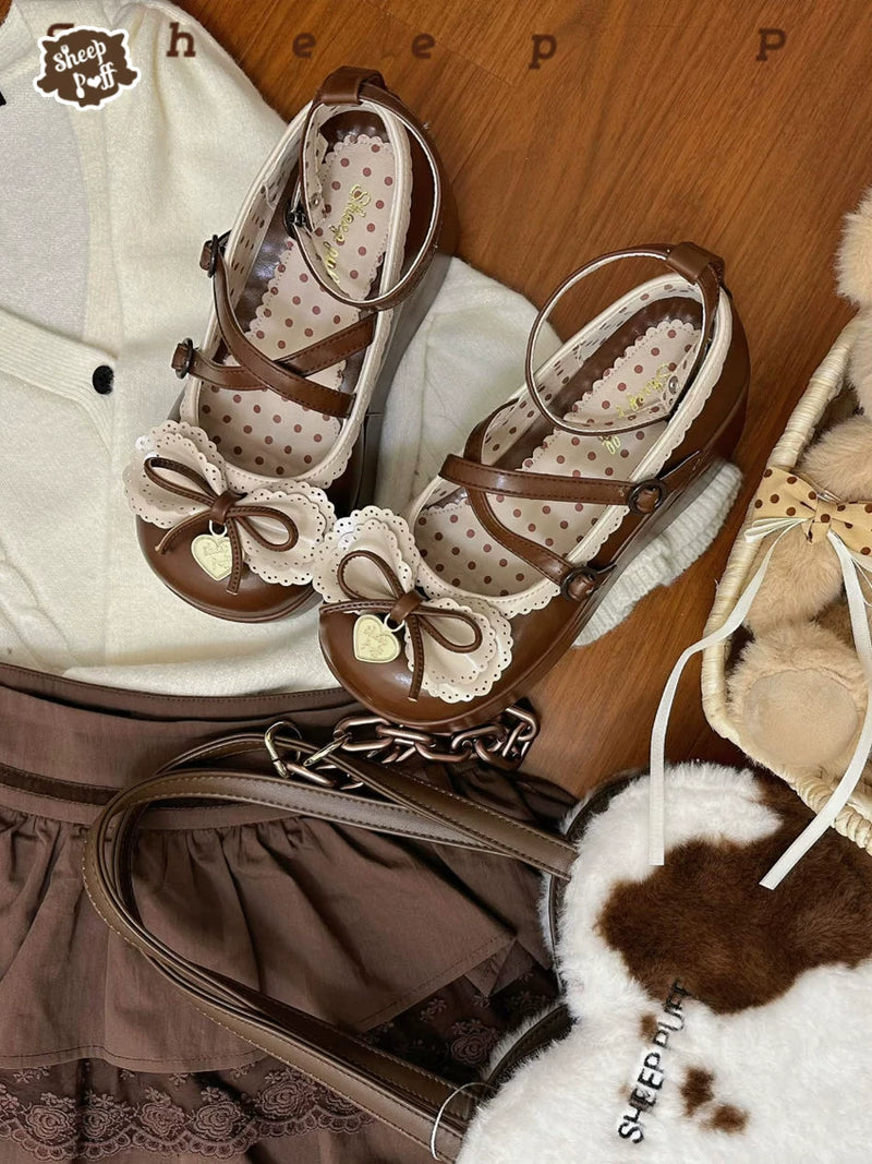 Sheep Puff Sweetheart Thick Roll Platform Lolita Shoes showing white shoes with pink heart accents and thick soles.