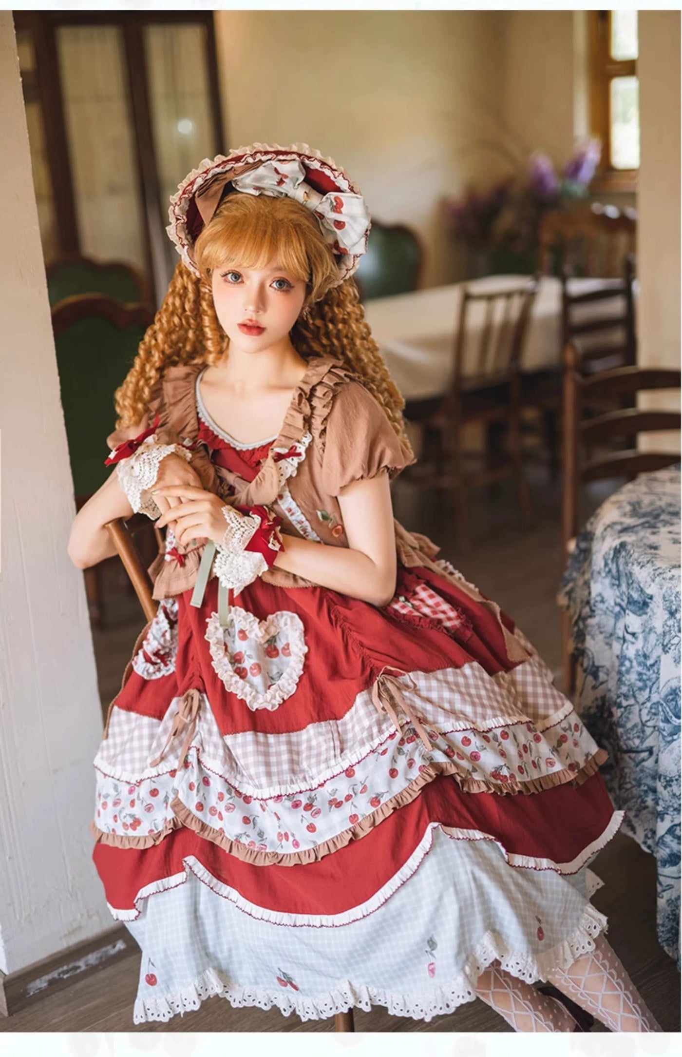 Baozi Pig - Cherry Pastoral - Red OP Dress with Cherry Print