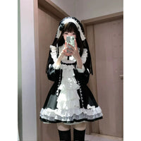 Gothic Nun - Black-and-White Short Lolita Dress with Ruffled Bib - Black and white / S