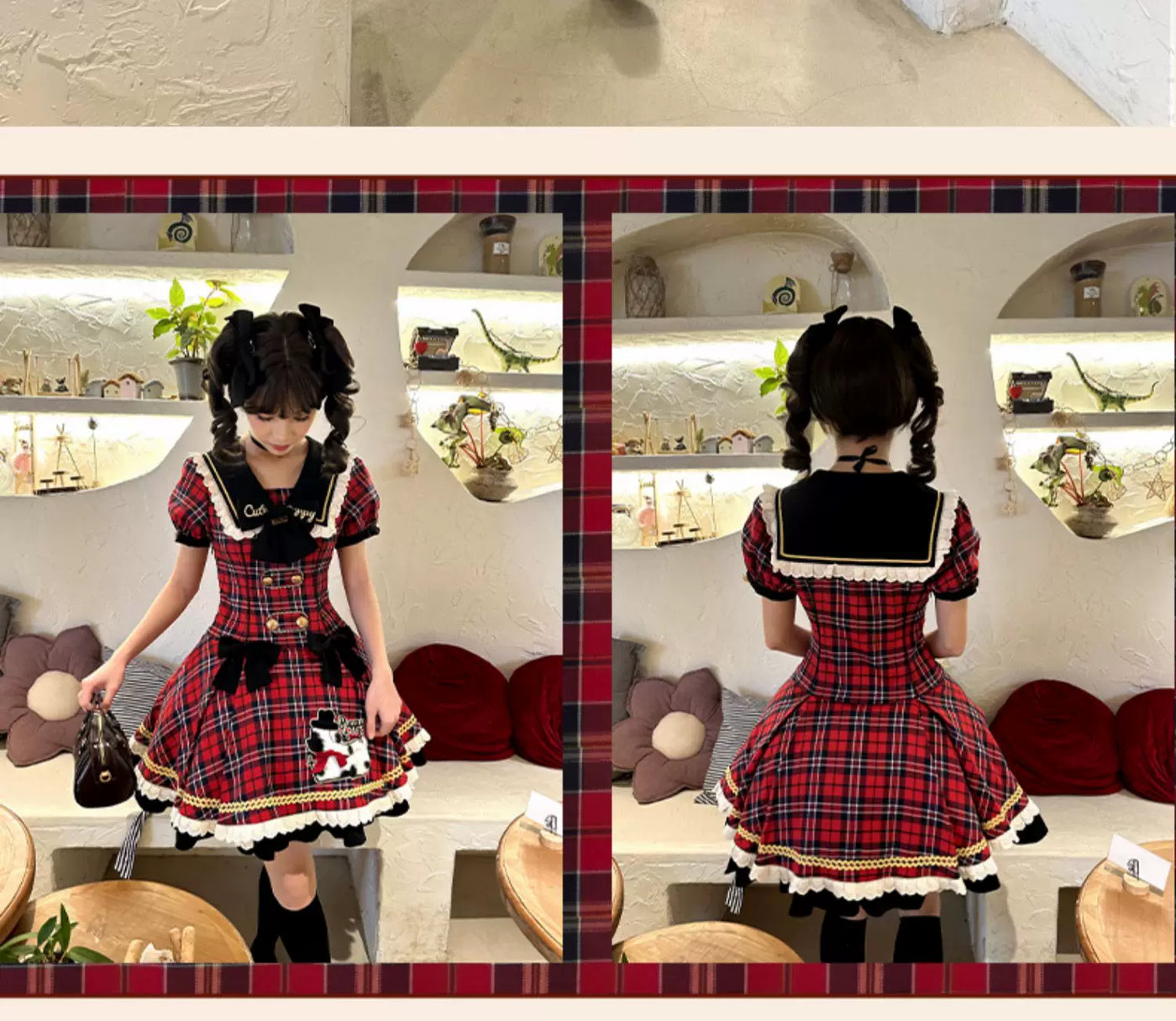 Baozi Pig - Spotty Puppy Plaid - Plaid One-Piece Dress with Puppy Motif