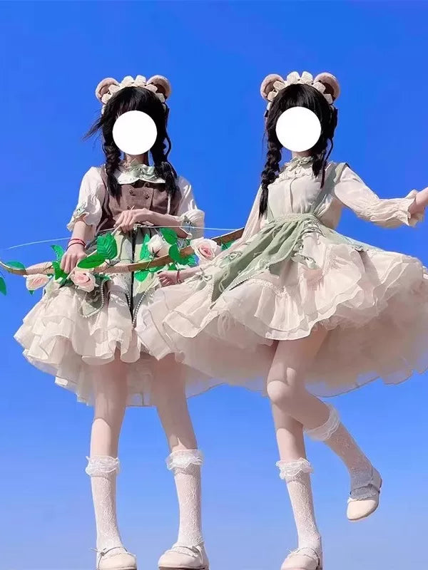 Creamy - Green Countryside - Vest, Shirt and Short Skirt Set with Layered Ruffles