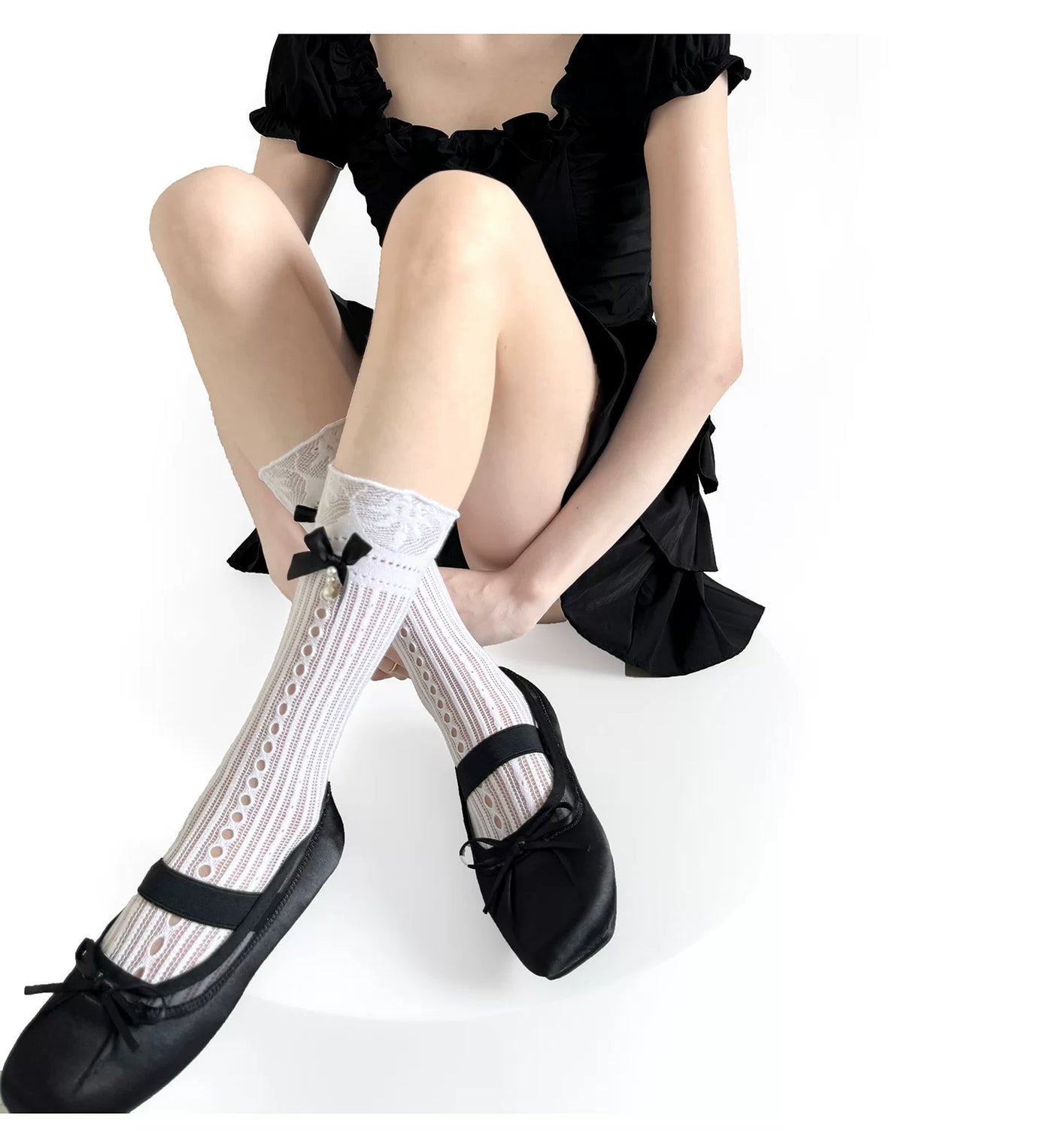 Fantasy Doll - Sweet Pearl Mesh - Calf Socks with Openwork Mesh and Bow Detail