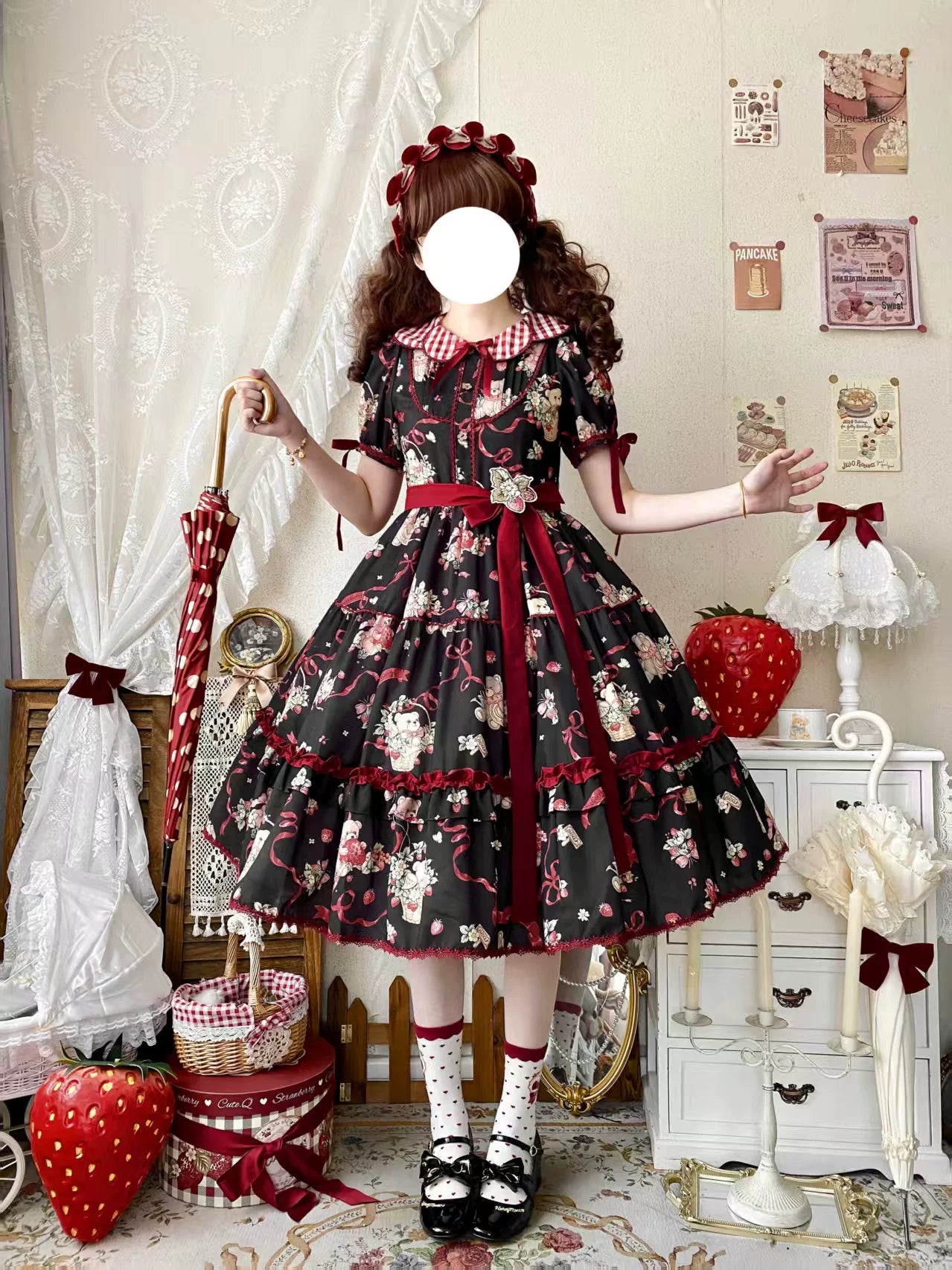 Thousand Wood - Little Bear's Strawberry Garden - Printed OP Dress with Gingham Collar
