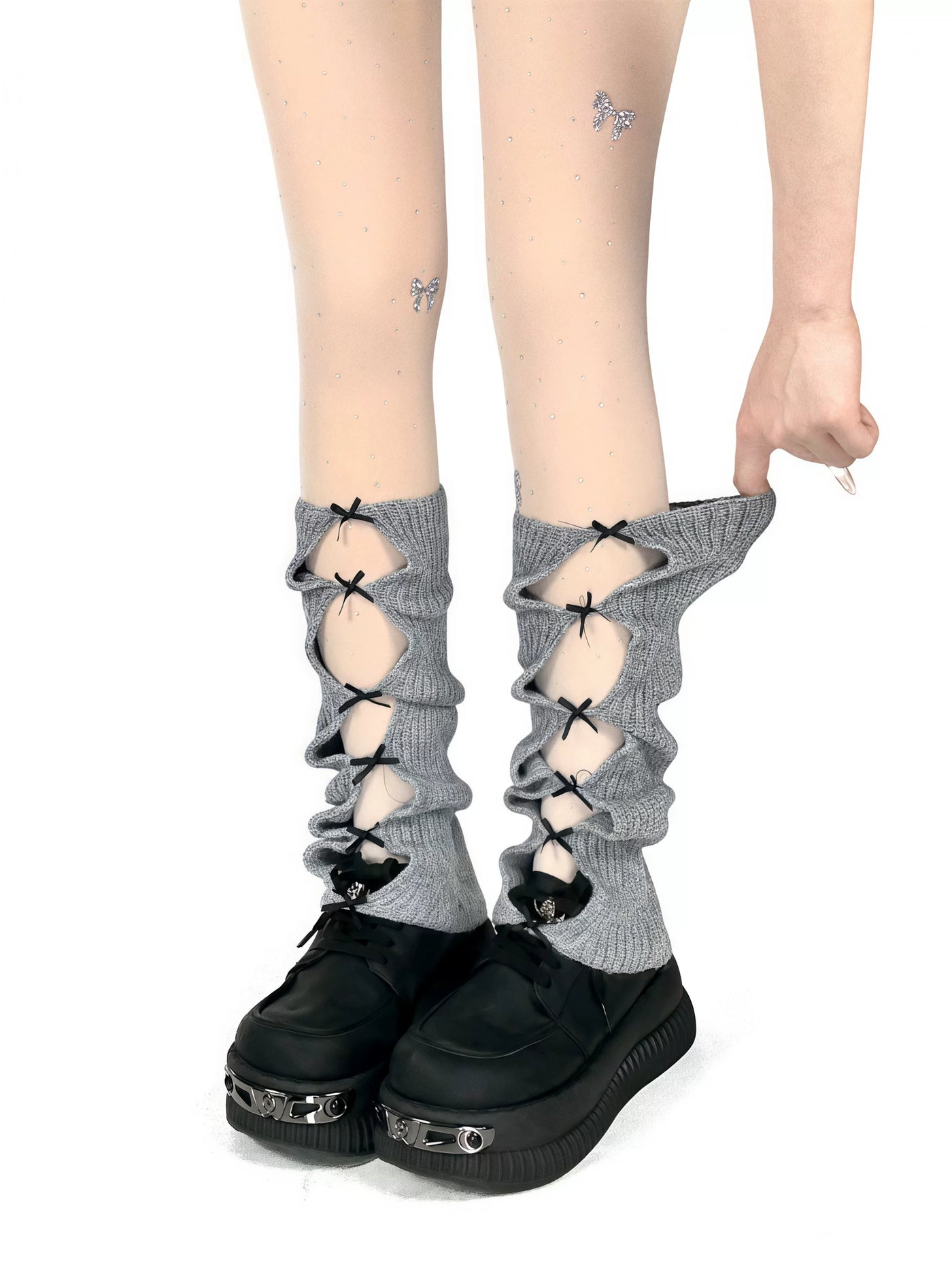 White Socks - Ballet Bow - Ribbed Cutout Leg Warmers with Ribbon Bows