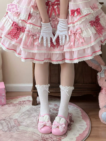 Sheep Puff Polka Bunny Low Heel Lolita Shoes featuring cute bunny design, black and white polka dot pattern, and low heel for stylish comfort.
