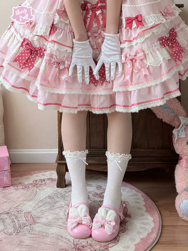 Sheep Puff Polka Bunny Low Heel Lolita Shoes featuring cute bunny design, black and white polka dot pattern, and low heel for stylish comfort.