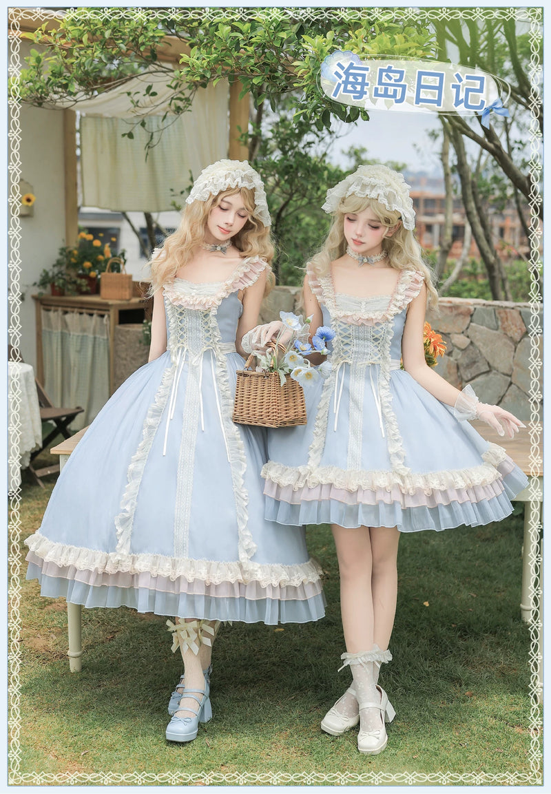With PUJI - Island Diary - Classic Lolita Flutter Sleeve JSK Dress, Ruffled Lace detail view 6