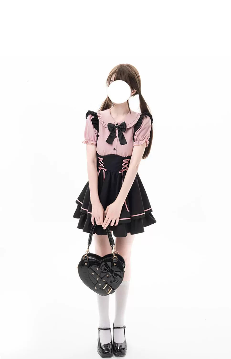 Sweetheart Dream Machine - Pink Ribbon Pinafore - Black Pinafore Dress Set with Pink Lace-Up Ribbons