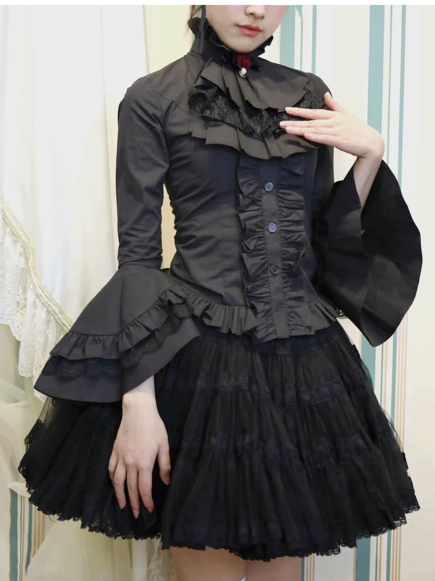 LACE GARDEN - Black Angel - Blouse with Ruffled Collar and Flared Sleeves