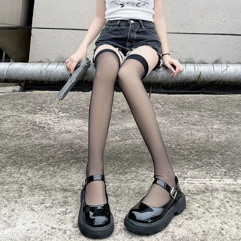 Floral Milk Cat - Sheer Thigh-High - Lightly Sheer Over-the-Knee Stockings with a Smooth Top Band