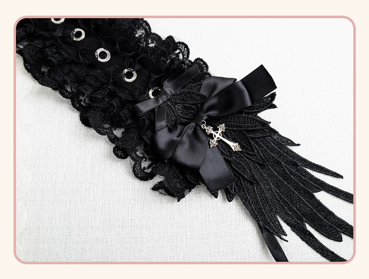 Stardust Rose - A035 Black Lace - Black Lace Headwear and Hand Sleeves with Ribbon Bows