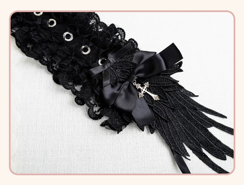 Stardust Rose - A035 Black Lace - Black Lace Headwear and Hand Sleeves with Ribbon Bows