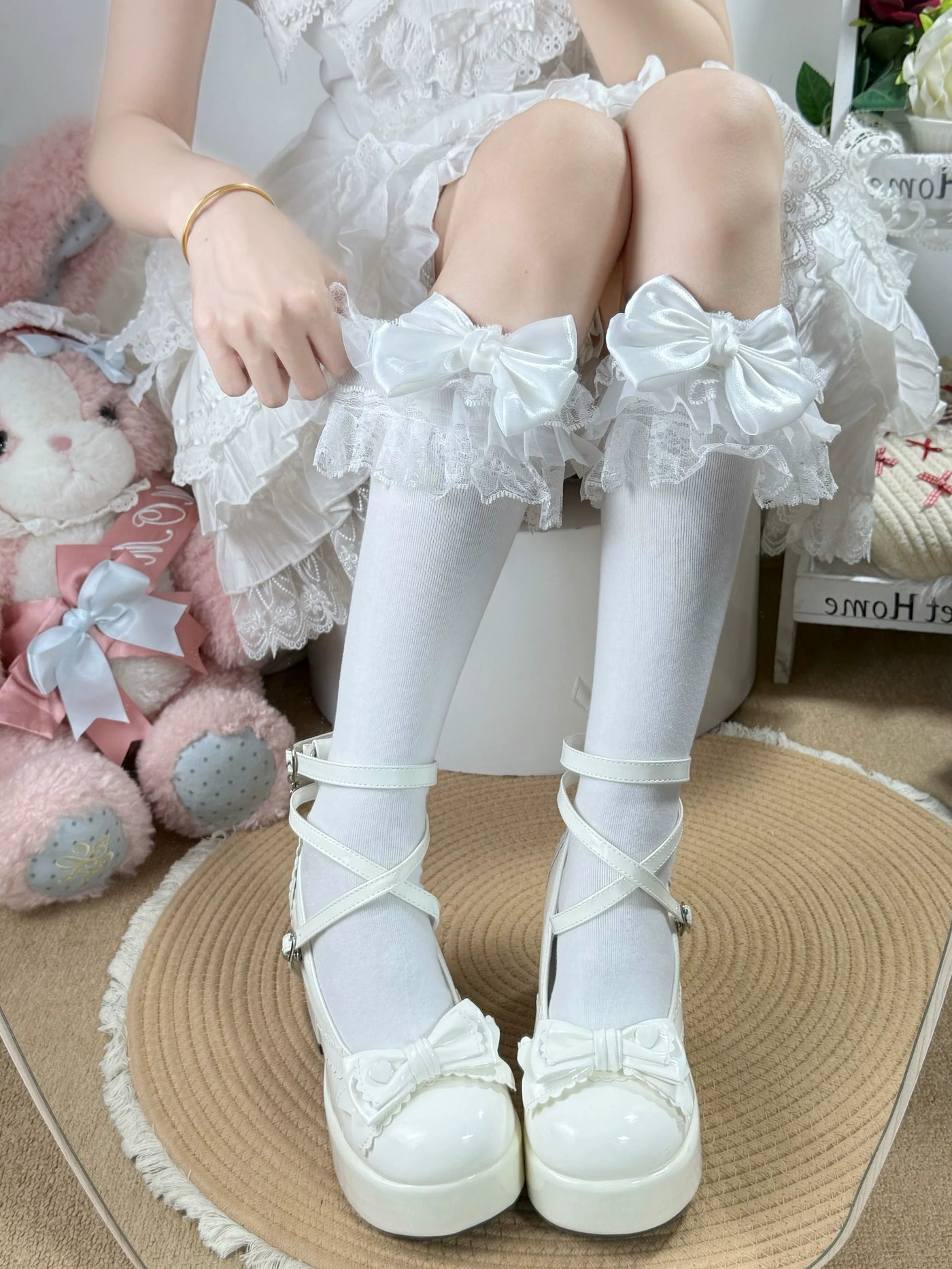 Fantasy Doll - Double-Layer Satin Bow - White Calf-Length Socks with Lace Cuffs