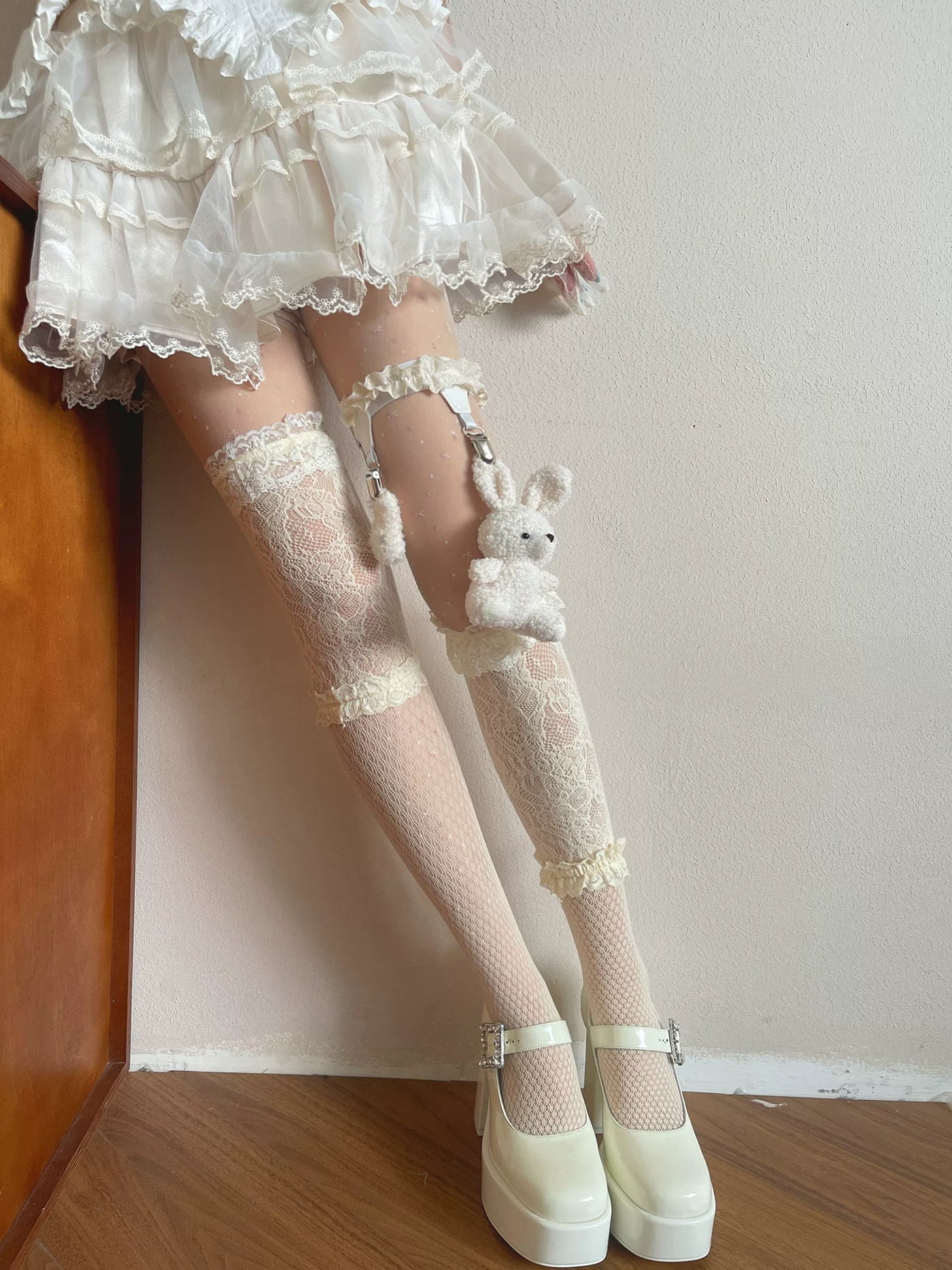 Sock Noble - Big-Eared Rabbit - Beige Tights and Lace Stockings with Rabbit Leg Ring