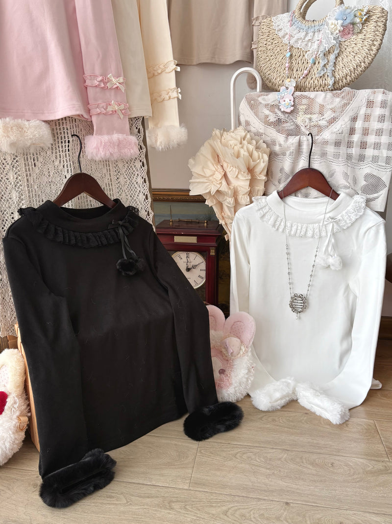 Cat Upon Cat Little Furball Thick Winter Layering Top — Black - Plush Cuffs