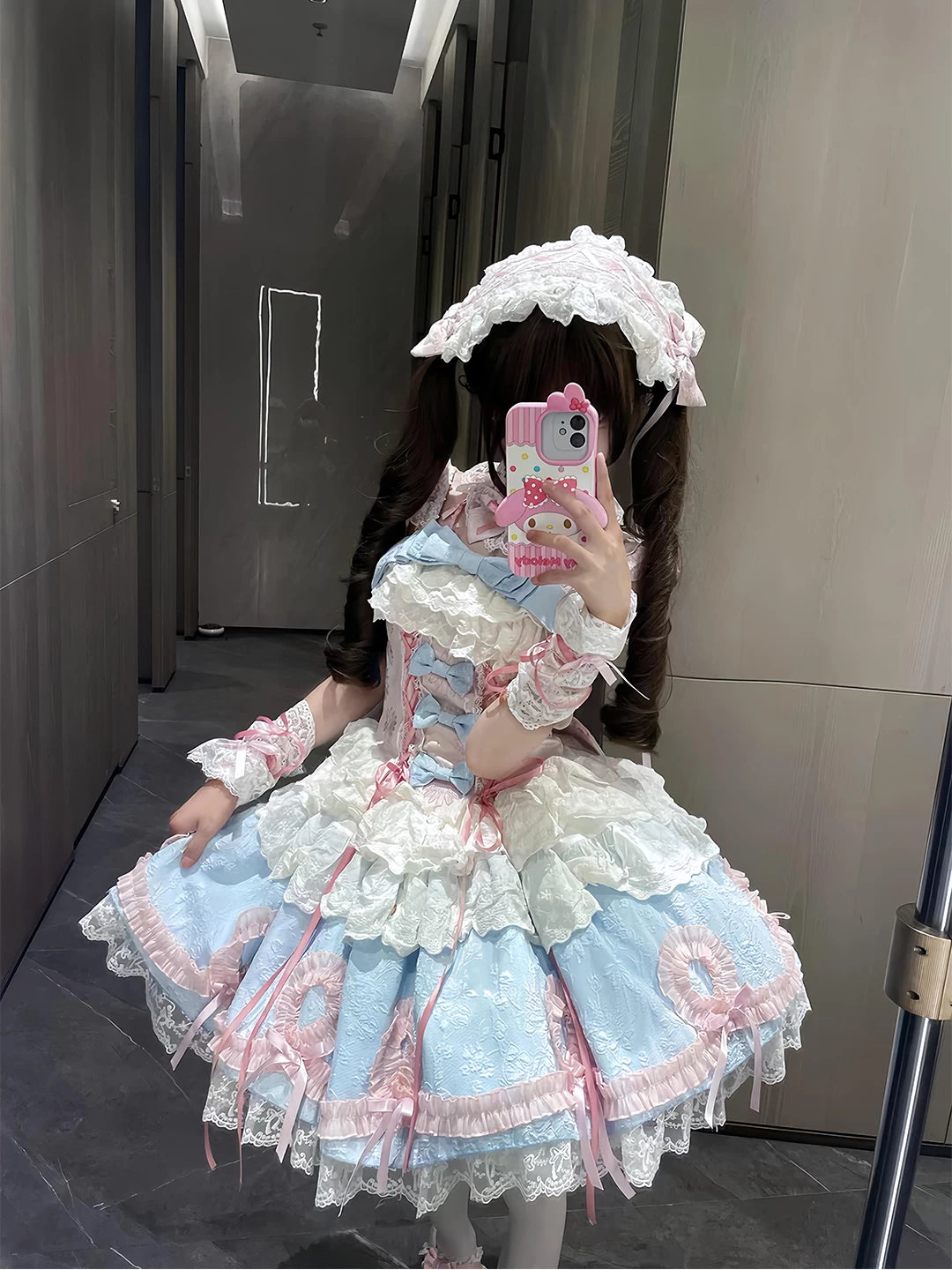 Creamy - Blue-Pink Ribbon Princess - Blue-Pink JSK Dress with Trailing Skirt and Back Bow